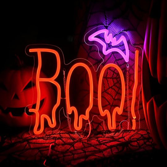 Boo Halloween Neon Sign: Spooky Bat LED Light