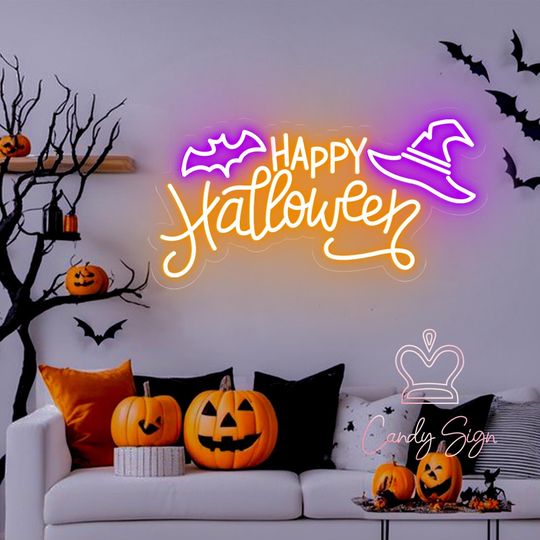Happy Halloween Neon Sign,Halloween Bat and Witch Hat LED Neon Sign,Bedroom Home Wall Decor,Halloween Party Decor,Wall Decor,Halloween Gifts