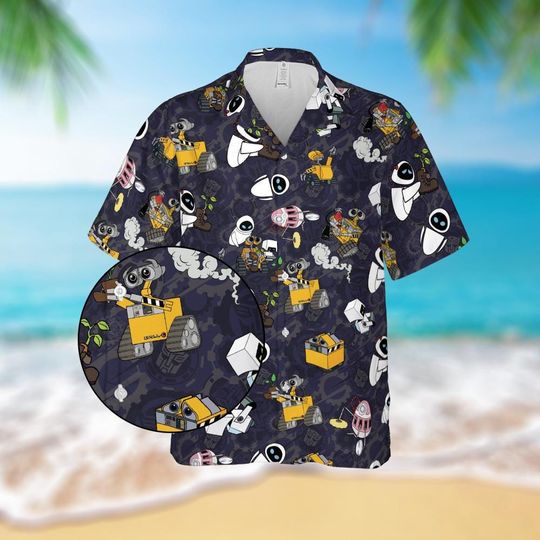 Disney WALL-E Hawaiian Shirt, Disney Pixar Robot Movie Summer Outfit, Cute EVE Gift, Space Aesthetic Vacation Top