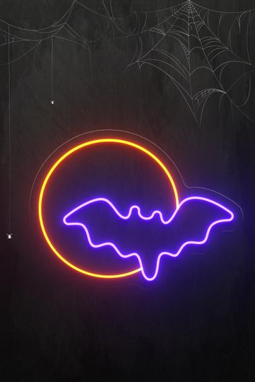 Bat and Moon Neon Sign, Halloween LED Wall Light, Spooky Bedroom Decor, Haunted House Sign, Bat Neon Sign, Bat Wall Night Light, Horror Sign