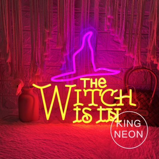 Discover The Witch Is In Neon Sign, Custom Halloween Witch Hat LED Neon Light, Halloween Spooky Scary Trick Or Treat Sign, Halloween Party Decor