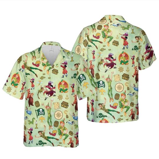 Disney Peter Pan Characters Button Shirt And Shorts, Tinker Bell Hawaiian Shirt, Peter Pan Family Gift, Summer Beach Shirt