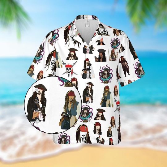 Disney Pirates of the Caribbean Hawaiian Shirt , Jack Sparrow Tropical Beach Aloha Summer Shirt for Men & Women