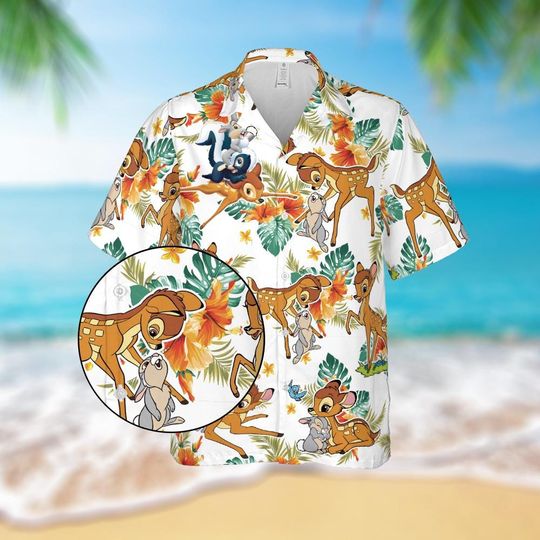 Discover Disney Bambi With Flowers Hawaii Shirt, Bambi Cartoon Button Up Shirt, Bambi Movie Hawaiian Shirt, Bambi Summer Beach Shirt