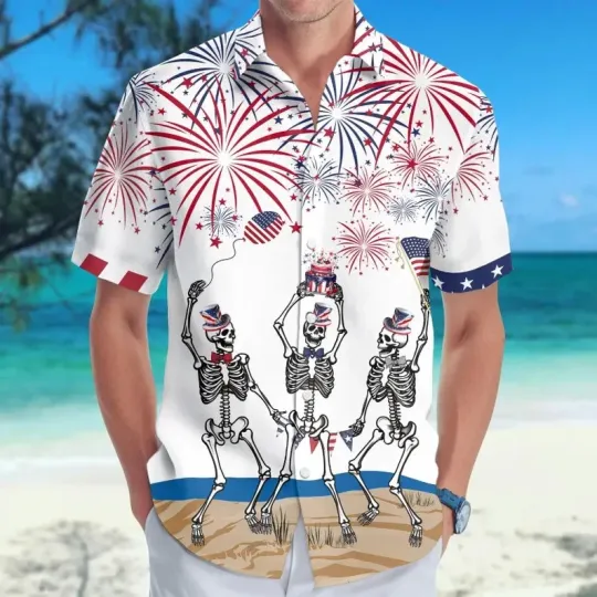 Discover Skeleton 4th Of July Hawaiian Button Down Shirt