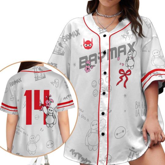 Baymax Coquette Bow Baseball Jersey Shirt, Big Hero 6 Inspired Jersey, Baymax Robot Cute Outfit, Disney Gift For Fans