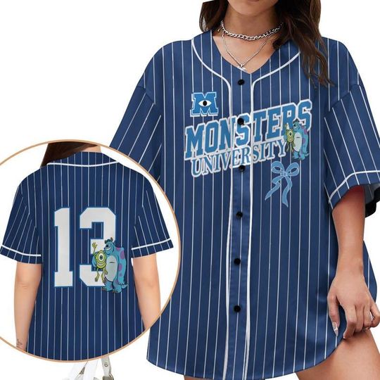 Discover Custom Name Monsters University Coquette Bow Baseball Jersey Shirt, Disney Pixar Mike And Sulley Jersey, Cute Mike & Sulley Outfit