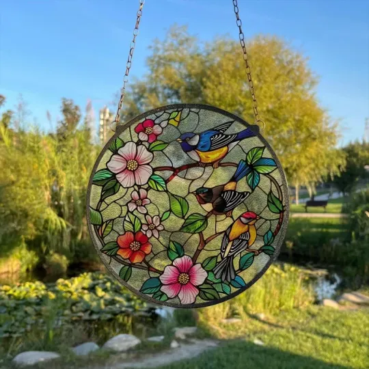 Discover Flowers Birds Stained Glass Suncatcher Window Hanging Decor