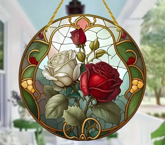 Rose Flower Stained Glass Suncatcher, Rose Flower Window Hanging