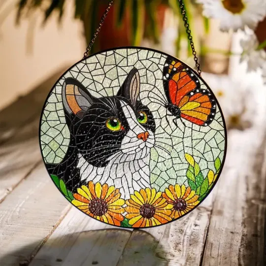 Tuxedo Cat Sunflower Stained Glass Suncatcher Window Hanging Decor