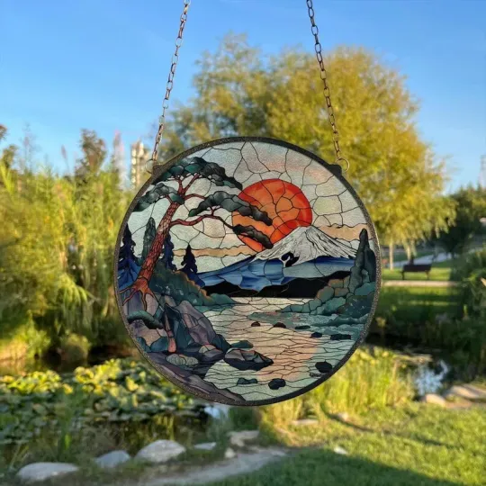 Mount Fuji Stained Glass Suncatcher Window Hanging Decor