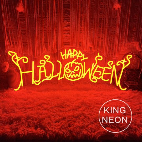 Happy Halloween Pumpkin Neon Sign, Custom Halloween Party LED Neon Light Halloween Home Bar Decor Light Up Sign Personalized Halloween Gift