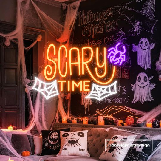 Scary Time Cobweb Neon Sign, Custom Happy Halloween SpiderLED Neon Light Home Wall Decor Halloween Party Spooky Decoration Halloween Gift
