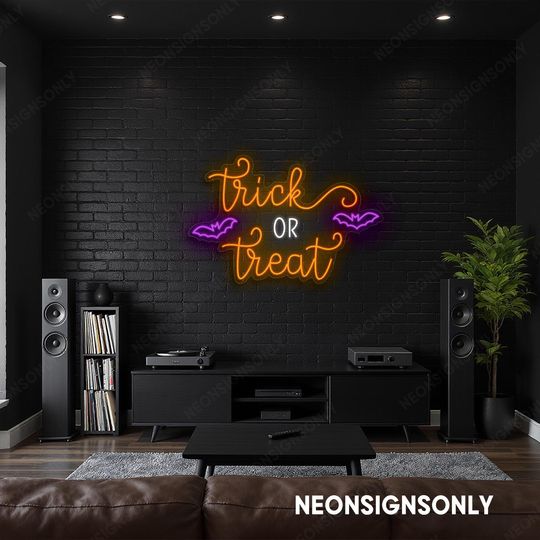 Trick Or Treat Halloween Neon LED Sign, Trick Or Treat Spooky Bat Light Wall Sign, Trick Or Treat Led Line Artwork Halloween Party Decor