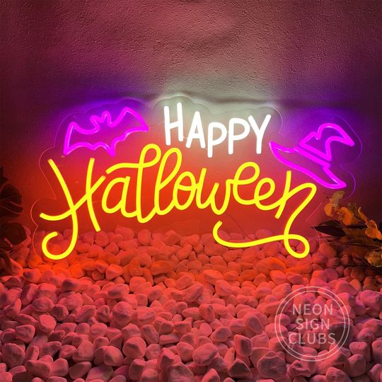 Happy Halloween Neon Sign| Halloween Witch's Hat Wall Decor| Custom Halloween Party Led Light Sign| Halloween Gothic Bat Home Bedroom Decor