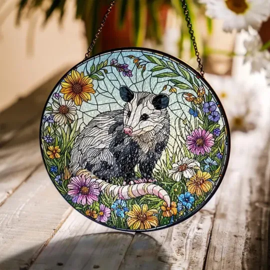 Discover Opossum in wildflower Stained Glass Suncatcher Window Hanging Decor