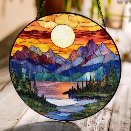 Discover Mountain Range Stained Glass Suncatcher Window Hanging Decor