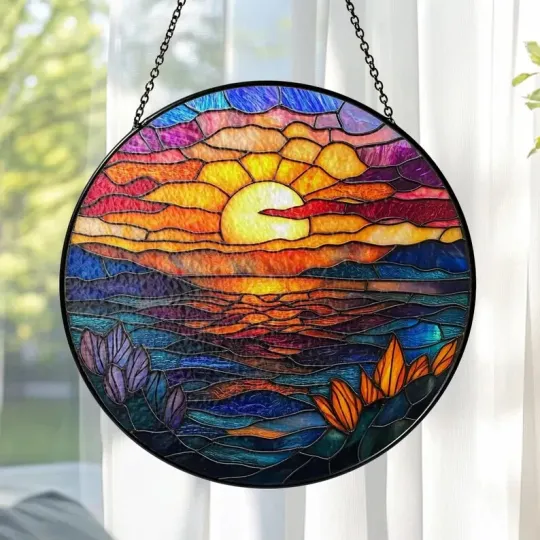 Discover Beach Sunrise Stained Glass Suncatcher Window Hanging Decor