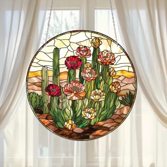 Discover Cactus and Flower Stained Glass Suncatcher, Window Hanging Decor