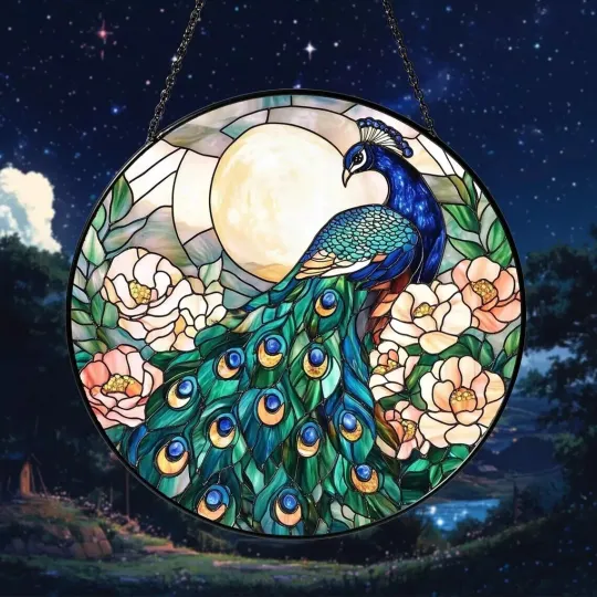 Discover Peacock Flowers Stained Glass Suncatcher, Window Hanging Decor