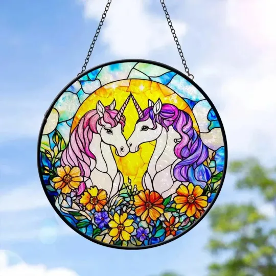 Discover Unicorn Couple Stained Glass Suncatcher, Unicorn Window Hanging Decor