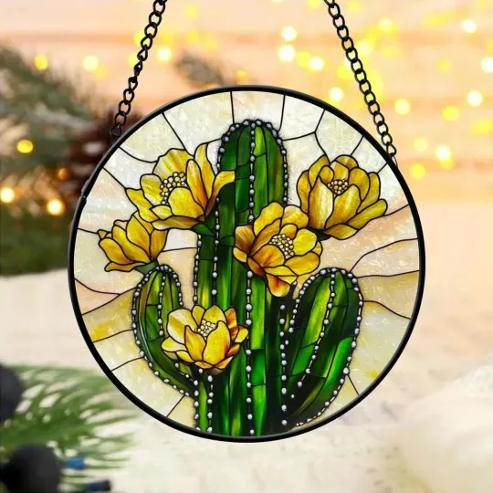 Flower Cactus Stained Glass Suncatcher, Flower Cactus Window Hanging Decor