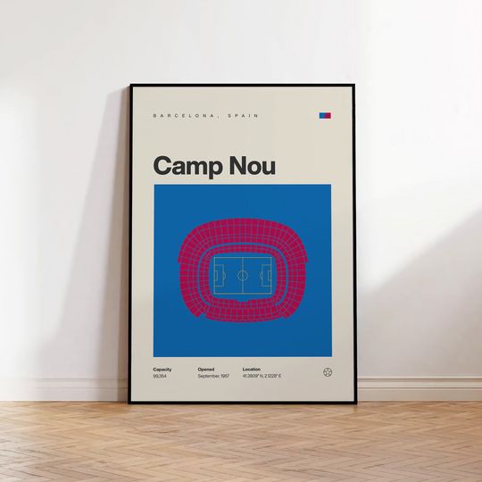 Discover Barcelona Poster, Camp Nou Stadium Football Print, Mid Century Modern Soccer Poster, Sports Bedroom Posters, Minimalist Office Wall Art