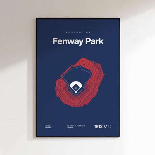 Boston Red Sox Poster, Fenway Park Stadium Print, Mid Century Modern Baseball Wall Art, Sports Bedroom Decor, Minimalist Office Poster
