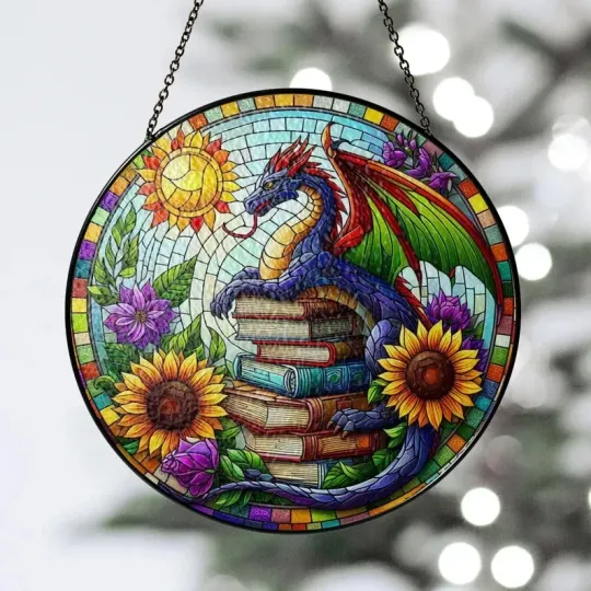 Discover Dragon and Bookstack Stained Glass Suncatcher Window Hanging Decor