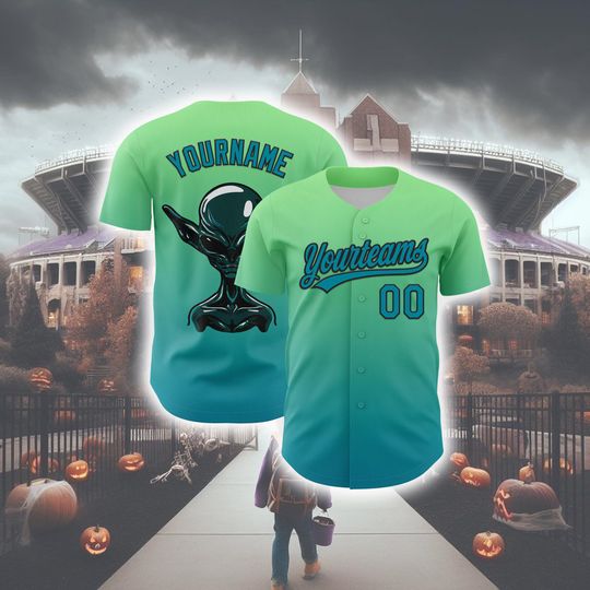 Discover Personalized Halloween Horror Baseball Jersey, Custom Pea Green Teal-black 3d Halloween Authentic Baseball Jersey