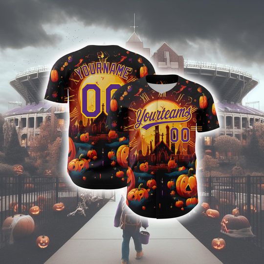 Discover Personalized Halloween Horror Baseball Jersey Custom Black Purple Yellow 3D Shirt