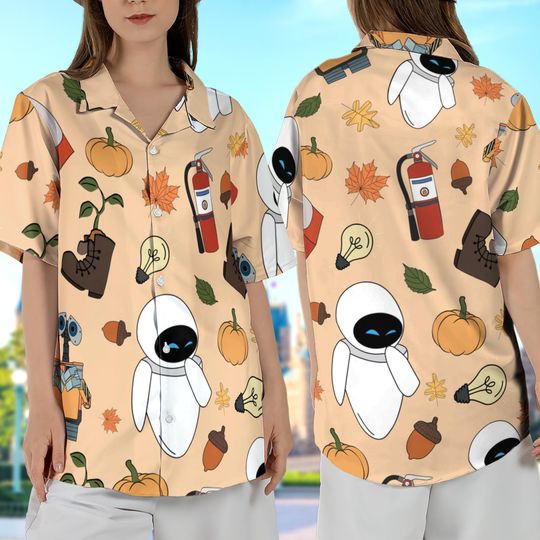 Retro Disney Pixar Wall E Eve Boot Planter Cooler Hawaiian Shirt, Cute Fall Icons Hawaii Shirt, Tis The Season, Disneyland Fall Family Trip