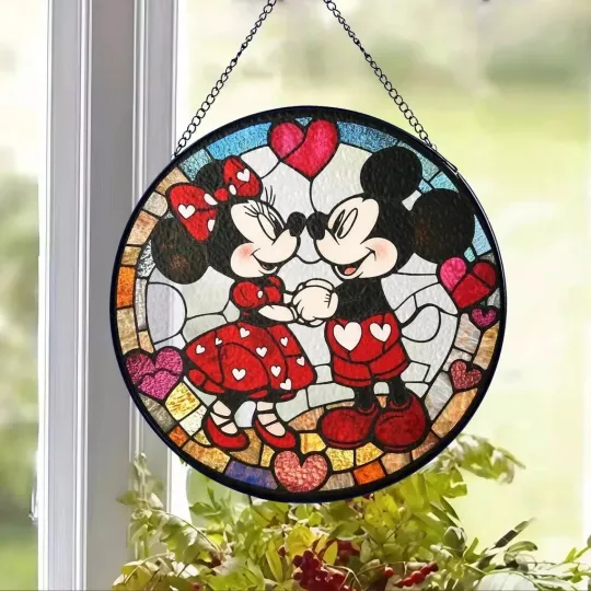 Mickey Mouse Minnie Mouse Couple Stained Glass Suncatcher Window Hanging Decor