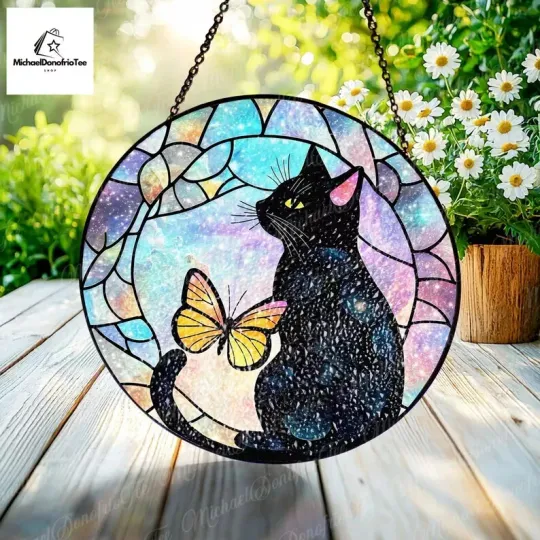 Discover Cat and Butterfly Stained Glass Suncatcher, Gift for Black Cat Lovers