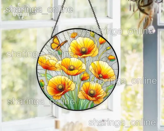 Poppy Flower Stained Glass Suncatcher, Suncatcher Lovers Hanging Gift