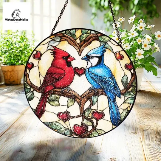 Cardinal Bird Stained Glass Suncatcher, Gift for Bird Lovers