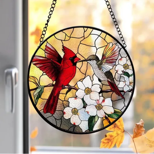 Discover Cardinal Hummingbird Stained Glass Suncatcher, Suncatcher Lovers Hanging Gift