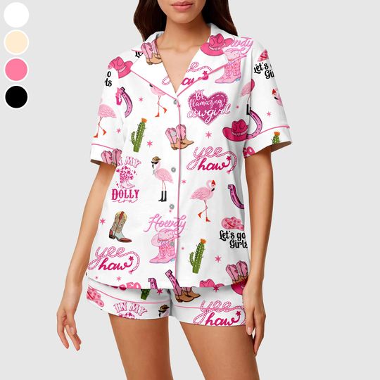 Discover Flamingo Cowgirl Pajama Set, Flamingo Women's Western Pajama Short Set, Cactus & Cowgirl Print Summer Lounge Set, Cowgirl Birthday Gift