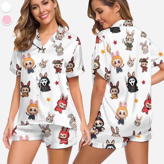 Labubu Horror Pajamas Set, Horror Character Pajamas, Button Up Sleepwear, Cozy Outfit for Horror Fans, Spooky Gifts for Men, Labubu Merch
