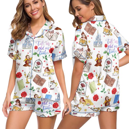 Beauty and The Beast Pajamas, Disney Couple Pajamas, Princess Belle Sleepwear, Mrs. Potts and Chip Matching Pajamas, Magic Kingdom Pajamas