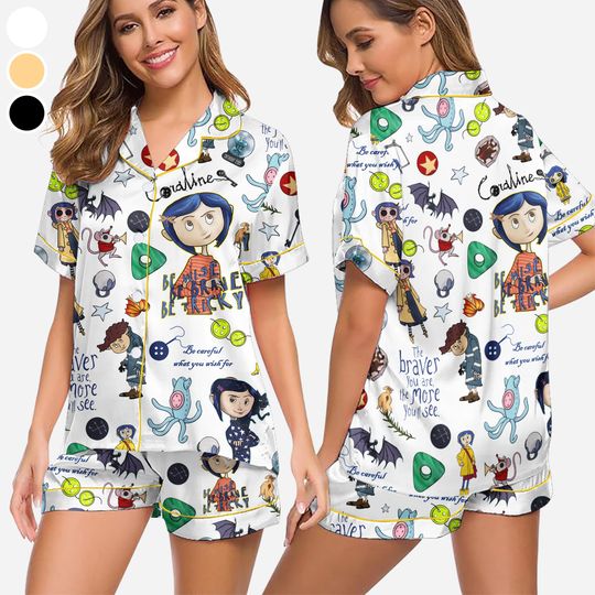 Coraline Stamp Halloween Pajamas Set, Halloween Doll, Horror Doll Cartoon Movie PJS, Scary Cartoon, Cartoon Character PJS, Halloween Gifts