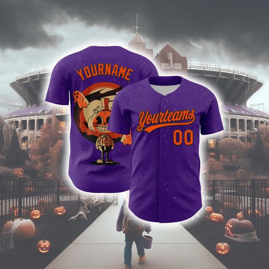Discover Personalized Halloween Horror Baseball Jersey, Custom Purple Orange-black 3d Halloween Authentic Baseball Jersey