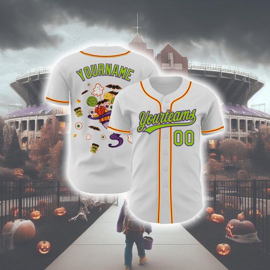 Discover Personalized Halloween Horror Baseball Jersey, Custom White Neon Green Purple Gold-red 3d Halloween Authentic Baseball Jersey