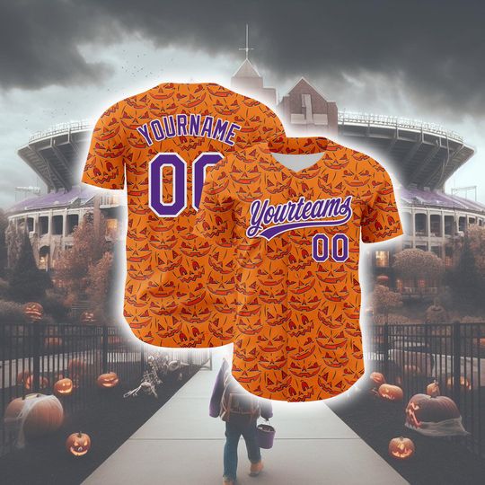 Discover Personalized Halloween Horror Baseball Jersey, Custom Bay Orange Purple-white 3d Halloween Authentic Baseball Jersey