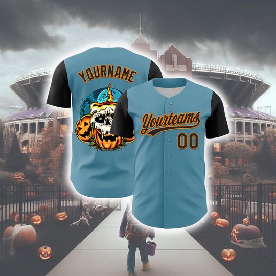 Discover Personalized Halloween Horror Baseball Jersey, Custom Shadow Blue Black-bay Orange 3d Halloween Authentic Baseball Jersey