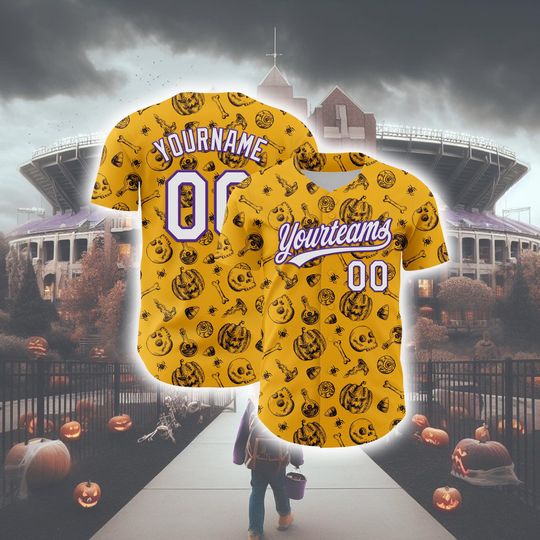 Discover Personalized Halloween Horror Baseball Jersey, Custom Gold White-purple 3d Halloween Authentic Baseball Jersey