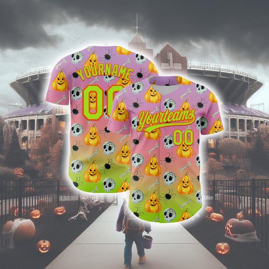 Discover Personalized Halloween Horror Baseball Jersey, Custom Light Purple Neon Green Light Pink-orange 3d Halloween Authentic Fade Baseball Jersey