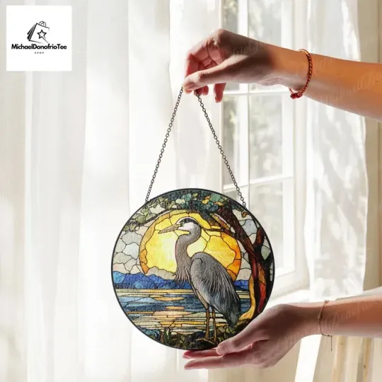Heron Bird Stained Glass Suncatcher, Gift for Heron Bird Lovers