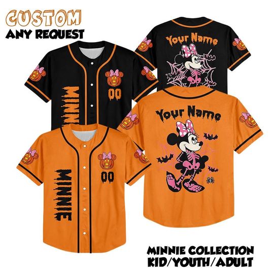 Custom Minnie Mouse Halloween Disney Collection Baseball Jersey, Personalized Disney Baseball Team Jersey, Mickey Gift For Halloween Family