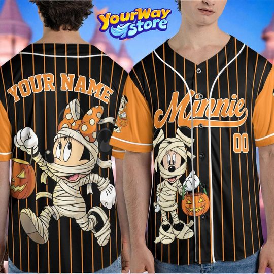 Custom Minnie Mummy Halloween Baseball Jersey, Personalized Disney Shirt, Spooky Outfit for Kids & Adults